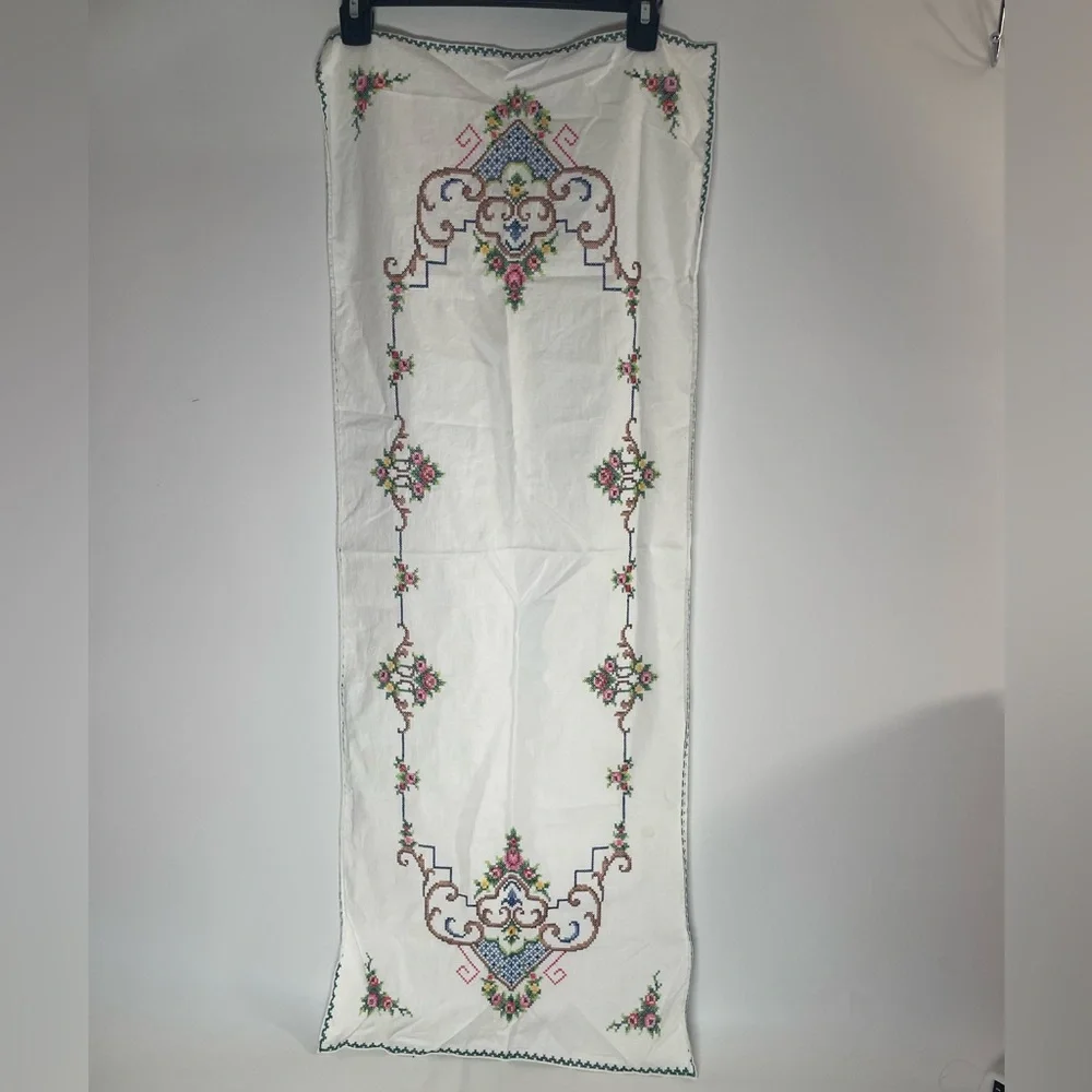 Vintage Table Runner Cross stitch Embroidery Easter Spring 41 X 15” READ